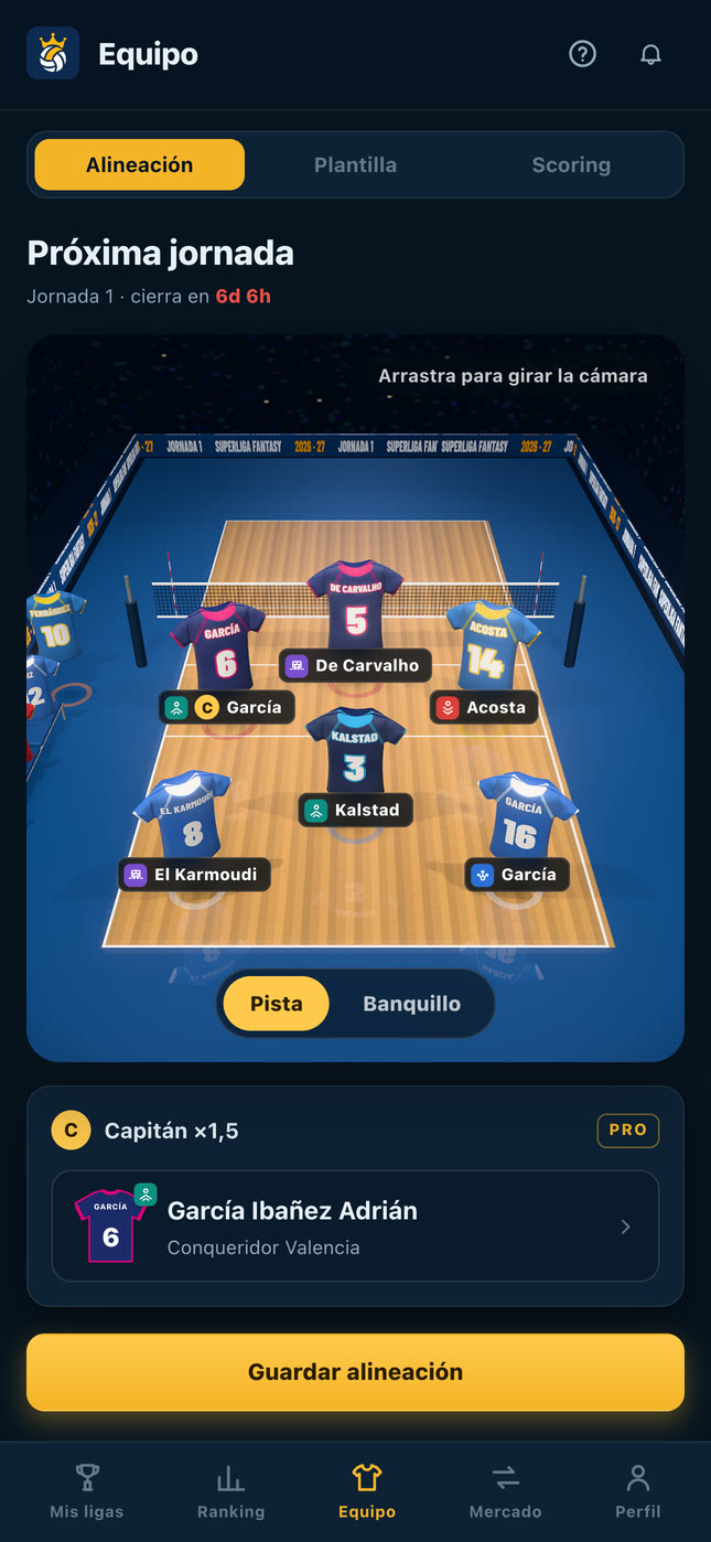 Pantalla de alineación con la pista en 3D y las camisetas de los titulares
